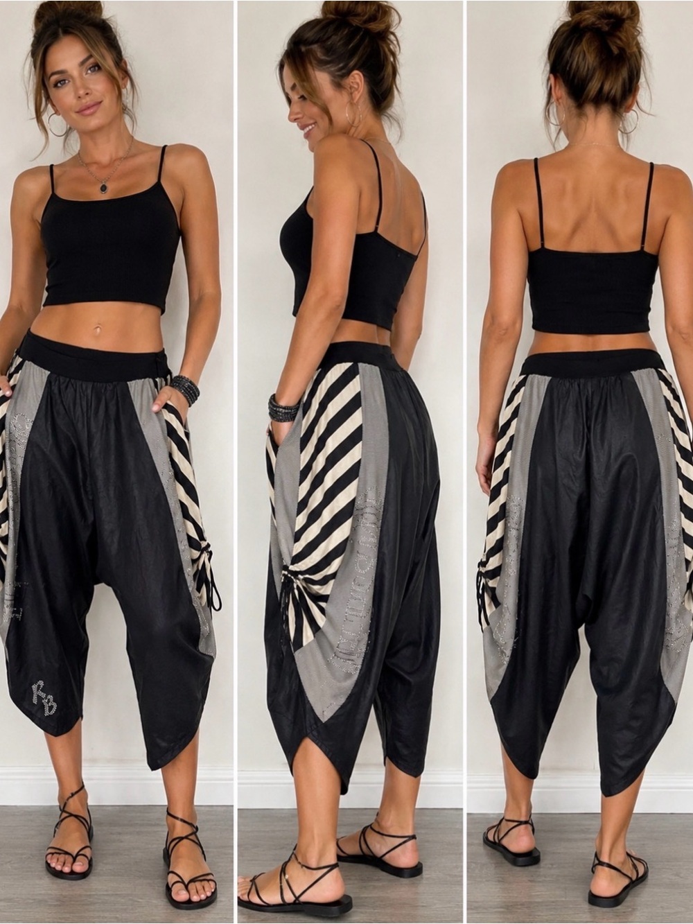 Rozalia Daressa Women’s Size M Black Harem Drop Crotch Pants Rhinestone Striped